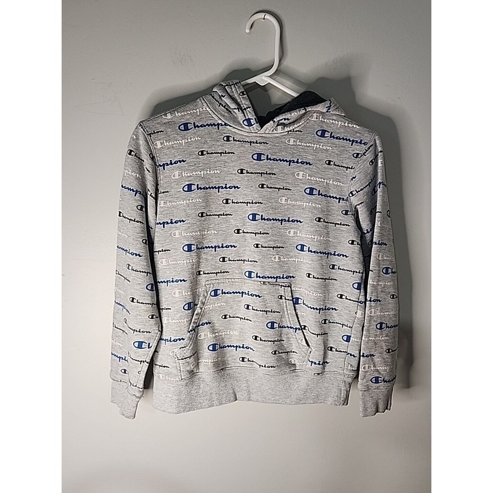 Champion Kids Grey All Over Logo Print Pullover Hoodie Sweatshirt Size Medium
